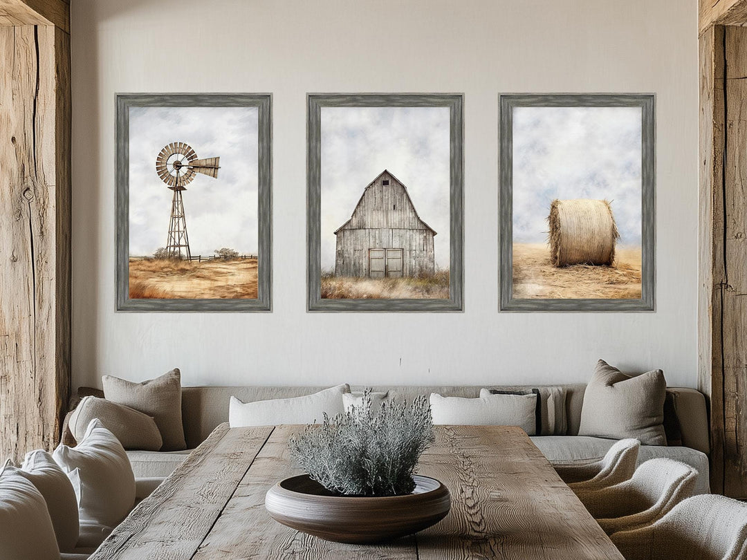 Set of 3 Farmhouse Barnwood Frame Canvas Wall Decor - Rustic Barn, Hay And Windmill
