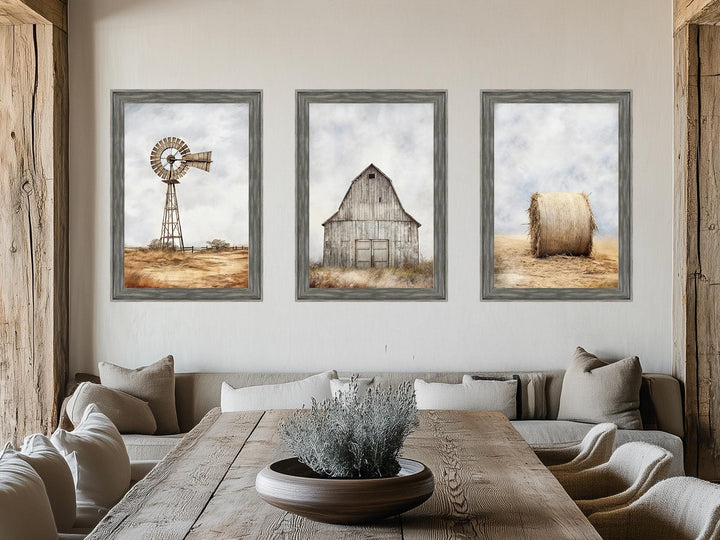 Set of 3 Farmhouse Barnwood Frame Canvas Wall Decor - Rustic Barn, Hay And Windmill