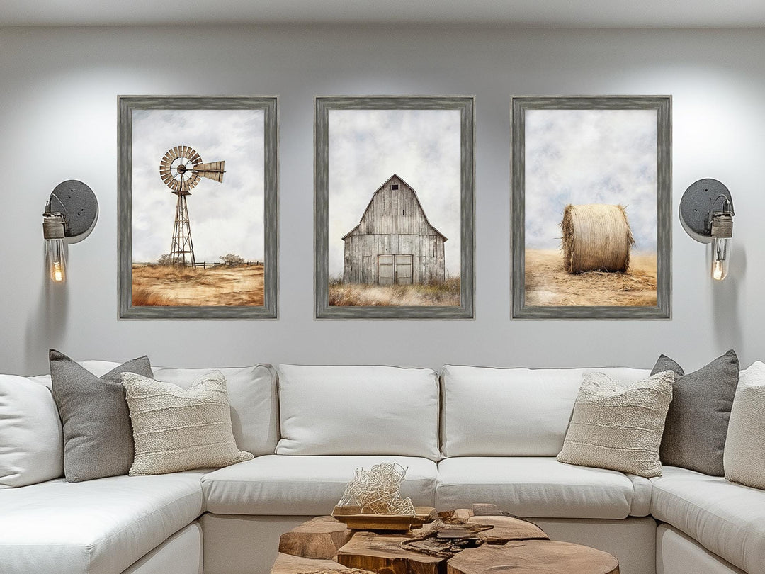 Set of 3 Farmhouse Barnwood Frame Canvas Wall Decor - Rustic Barn, Hay And Windmill