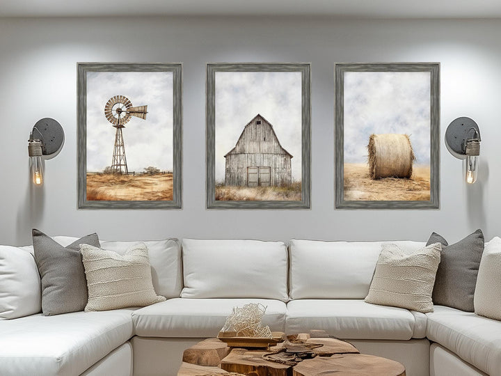 Set of 3 Farmhouse Barnwood Frame Canvas Wall Decor - Rustic Barn, Hay And Windmill