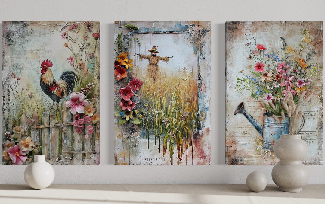 Set of 3 Farmhouse Framed Canvas Wall Art - Rooster, Scarecrow, Watering Can