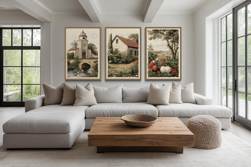Set of 3 Farmhouse Wall Art Prints, Rustic Country Church, Barn, and Garden Floral Landscape Decor