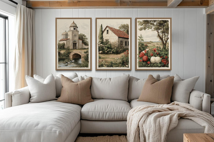 Set of 3 Farmhouse Wall Art Prints, Rustic Country Church, Barn, and Garden Floral Landscape Decor