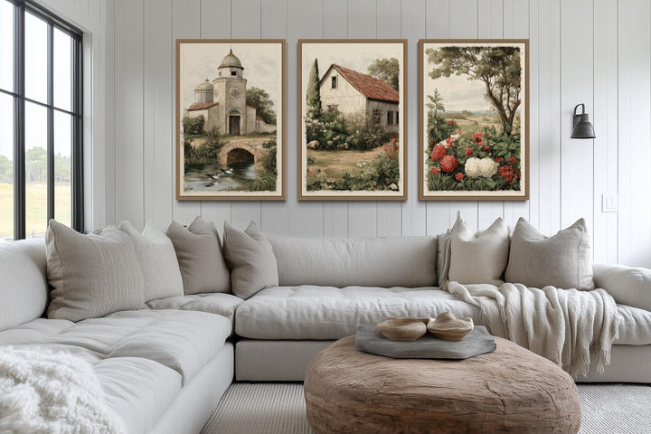 Set of 3 Farmhouse Wall Art Prints, Rustic Country Church, Barn, and Garden Floral Landscape Decor