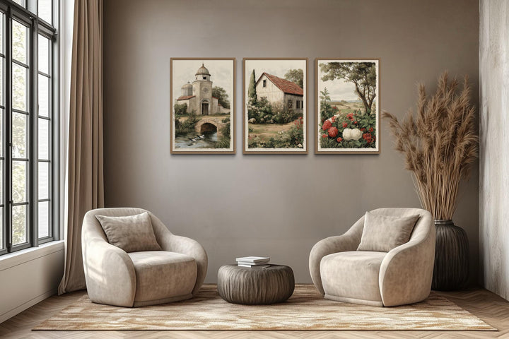 Set of 3 Farmhouse Wall Art Prints, Rustic Country Church, Barn, and Garden Floral Landscape Decor