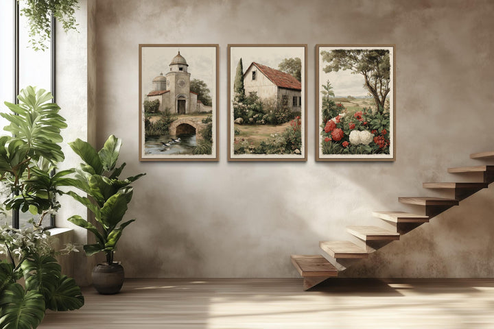 Set of 3 Farmhouse Wall Art Prints, Rustic Country Church, Barn, and Garden Floral Landscape Decor