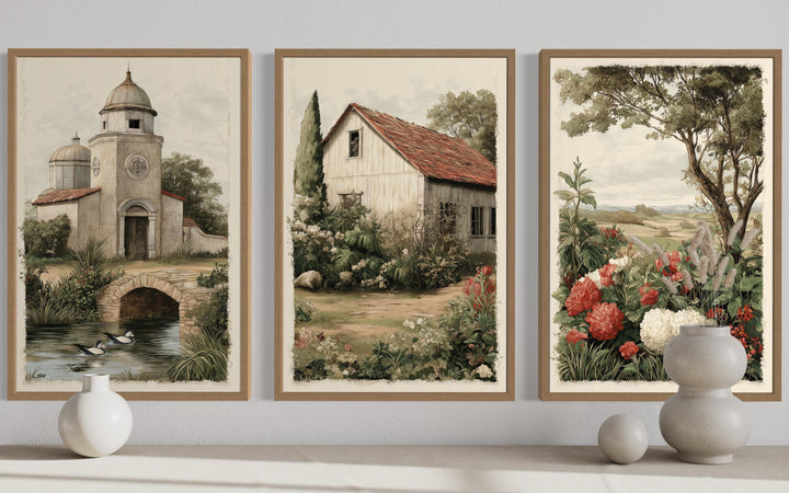 Set of 3 Farmhouse Wall Art Prints, Rustic Country Church, Barn, and Garden Floral Landscape Decor
