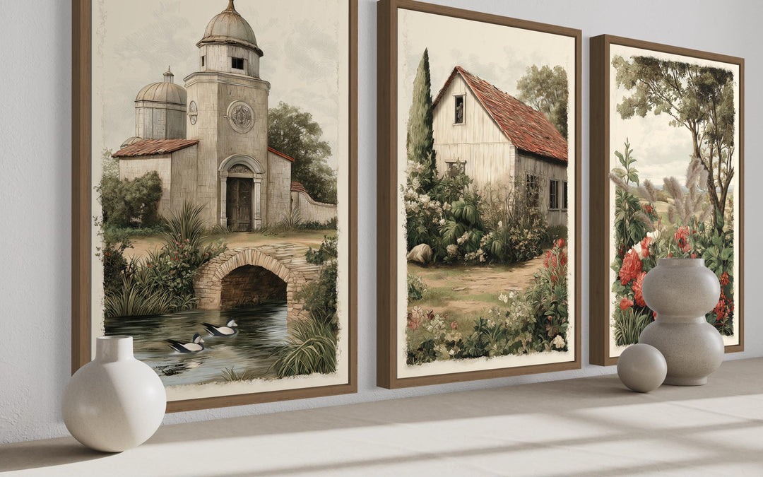 Set of 3 Farmhouse Wall Art Prints, Rustic Country Church, Barn, and Garden Floral Landscape Decor