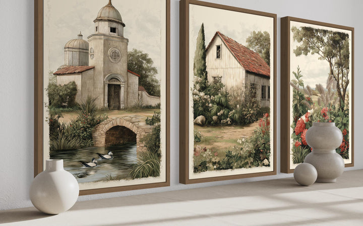 Set of 3 Farmhouse Wall Art Prints, Rustic Country Church, Barn, and Garden Floral Landscape Decor