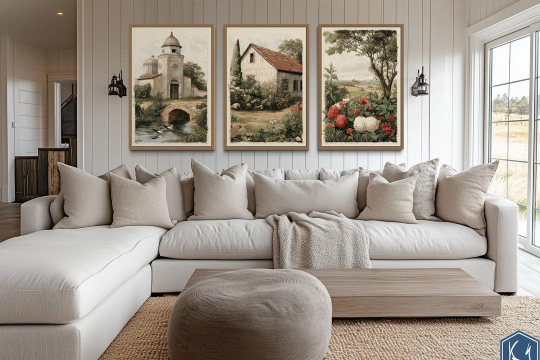 Set of 3 Farmhouse Wall Art Prints, Rustic Country Church, Barn, and Garden Floral Landscape Decor