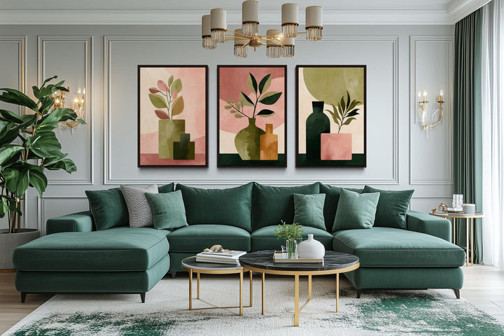 Set of 3 Framed Minimalist Botanical Blush Pink and Olive Green Vases With Leaves Wall Art
