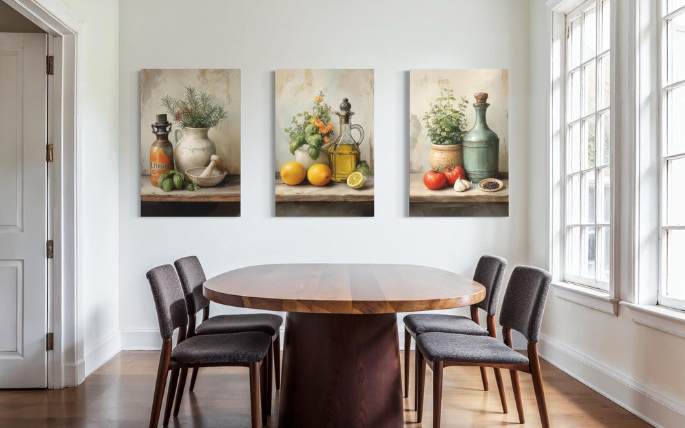 Set of 3 Kitchen Wall Art – Mediterranean Herbs, Olive Oil, Tomatoes, Lemons Still Life Canvas Prints