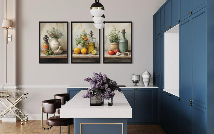 Set of 3 Kitchen Wall Art – Mediterranean Herbs, Olive Oil, Tomatoes, Lemons Still Life Canvas Prints