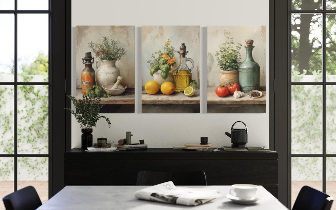 Set of 3 Kitchen Wall Art – Mediterranean Herbs, Olive Oil, Tomatoes, Lemons Still Life Canvas Prints