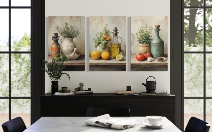Set of 3 Kitchen Wall Art – Mediterranean Herbs, Olive Oil, Tomatoes, Lemons Still Life Canvas Prints