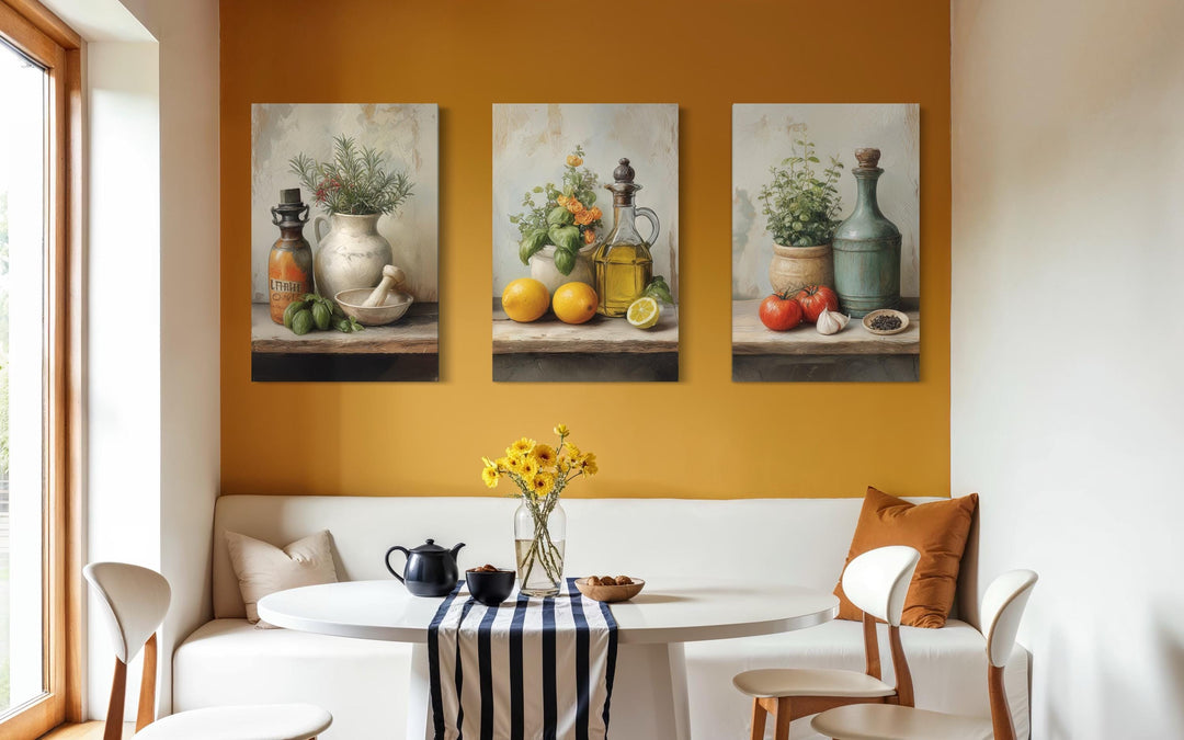 Set of 3 Kitchen Wall Art – Mediterranean Herbs, Olive Oil, Tomatoes, Lemons Still Life Canvas Prints