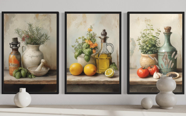 Set of 3 Kitchen Wall Art – Mediterranean Herbs, Olive Oil, Tomatoes, Lemons Still Life Canvas Prints