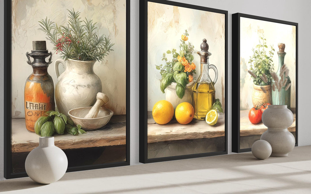 Set of 3 Kitchen Wall Art – Mediterranean Herbs, Olive Oil, Tomatoes, Lemons Still Life Canvas Prints