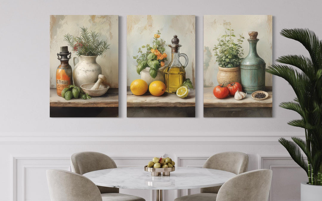 Set of 3 Kitchen Wall Art – Mediterranean Herbs, Olive Oil, Tomatoes, Lemons Still Life Canvas Prints