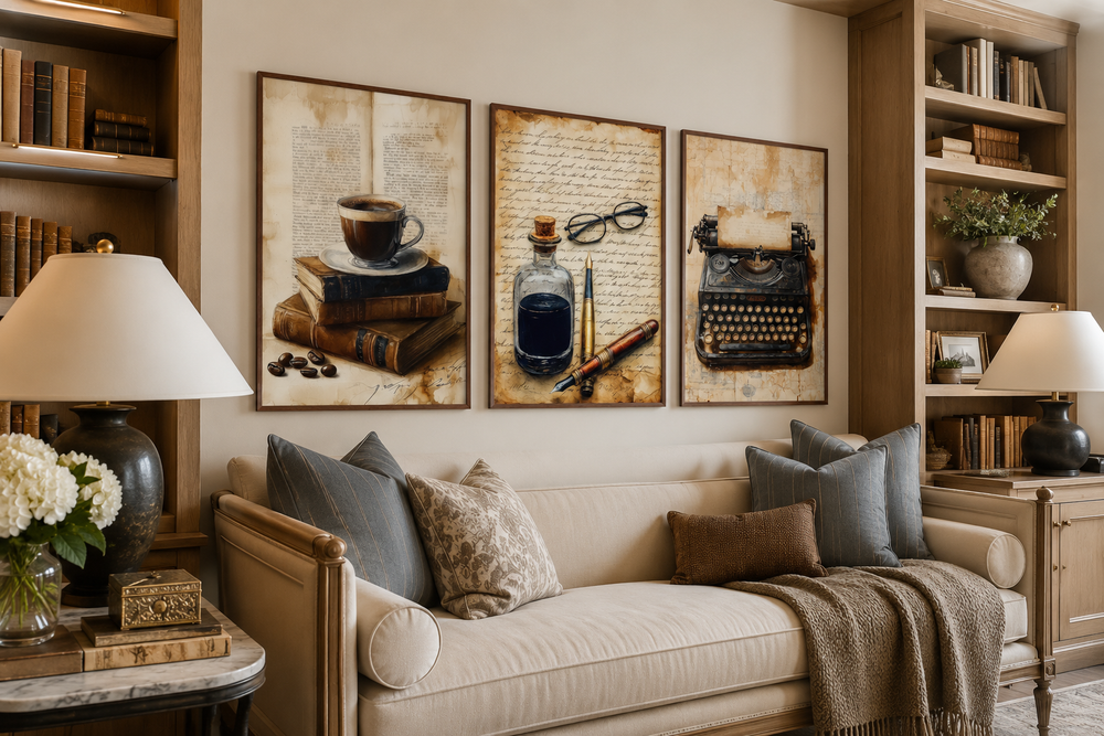 Set of 3 vintage library canvas prints featuring a typewriter, coffee with books, and ink with pen.