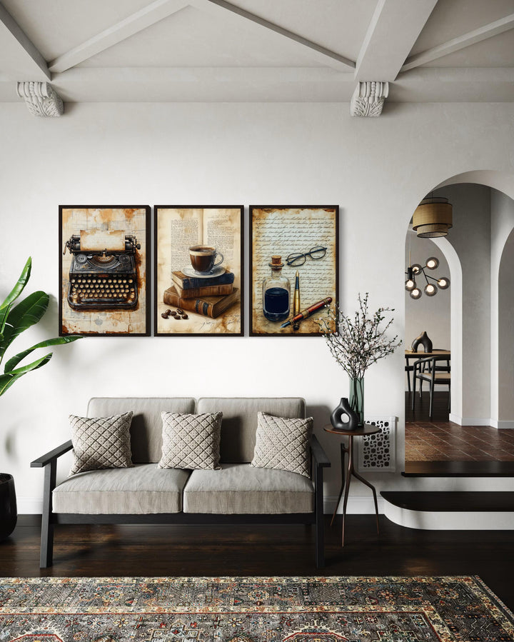 Set of 3 Library Wall Decor - Typewriter, Coffee And Books, Ink And Pen Canvas Prints In Vintage Letters