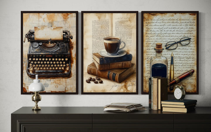 Set of 3 Library Wall Decor - Typewriter, Coffee And Books, Ink And Pen Canvas Prints In Vintage Letters