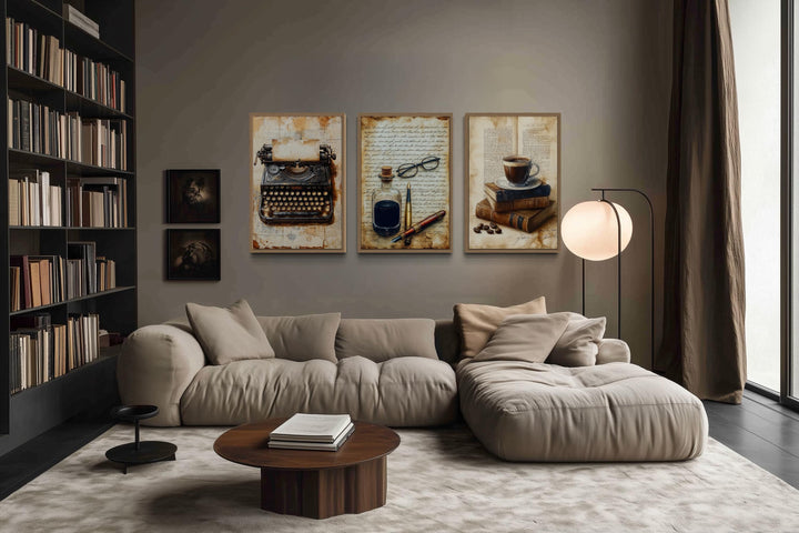 Set of 3 Library Wall Decor - Typewriter, Coffee And Books, Ink And Pen Canvas Prints In Vintage Letters