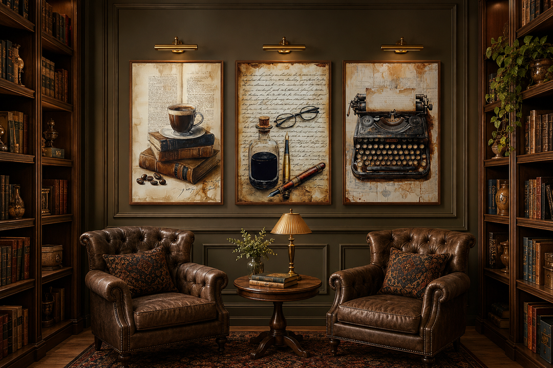 Set of 3 library wall art prints featuring a typewriter, coffee with books, and ink with a pen.