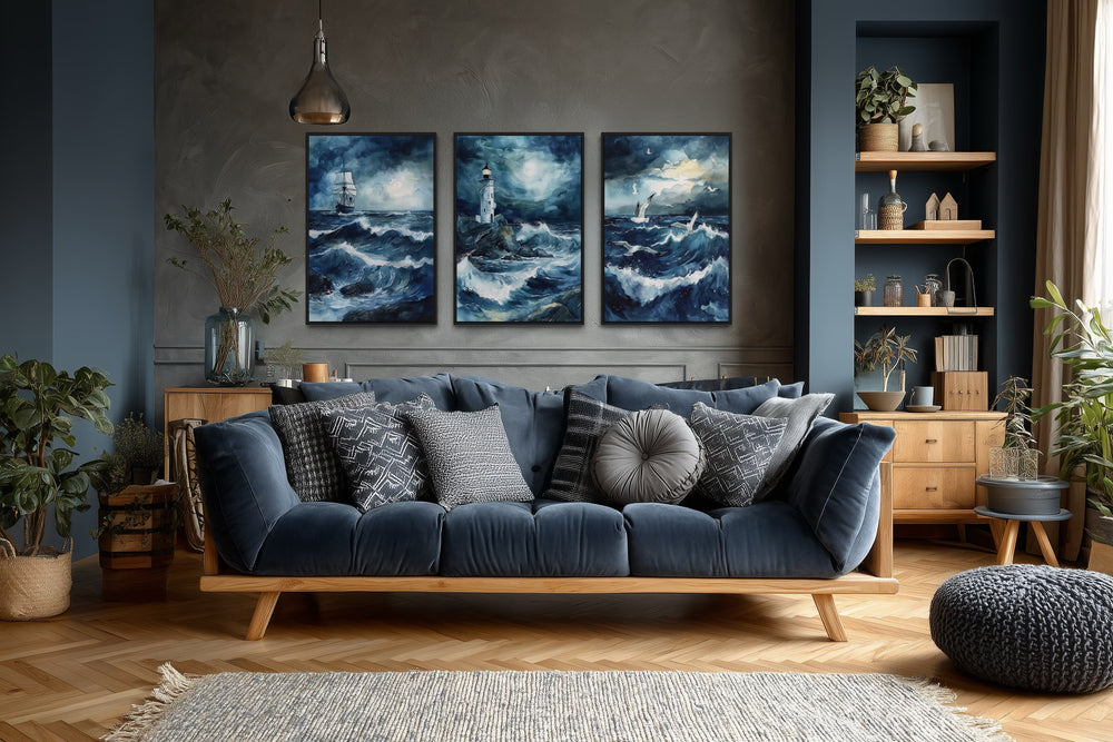 Set of 3 Lighthouse, Sail Ship, Seagulls In Stormy Ocean Nautical Framed Canvas Wall Art