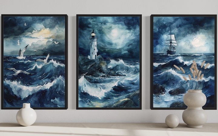 Set of 3 Lighthouse, Sail Ship, Seagulls In Stormy Ocean Nautical Framed Canvas Wall Art