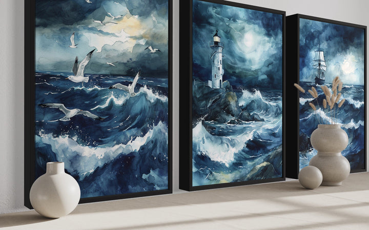 Set of 3 Lighthouse, Sail Ship, Seagulls In Stormy Ocean Nautical Framed Canvas Wall Art