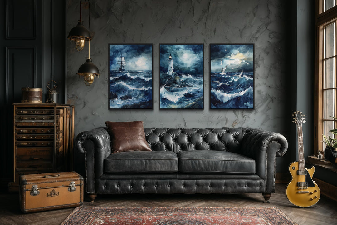 Set of 3 nautical framed canvas prints featuring a lighthouse, sail ship, and seagulls in a storm.