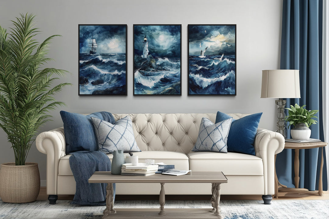 Set of 3 Lighthouse, Sail Ship, Seagulls In Stormy Ocean Nautical Framed Canvas Wall Art
