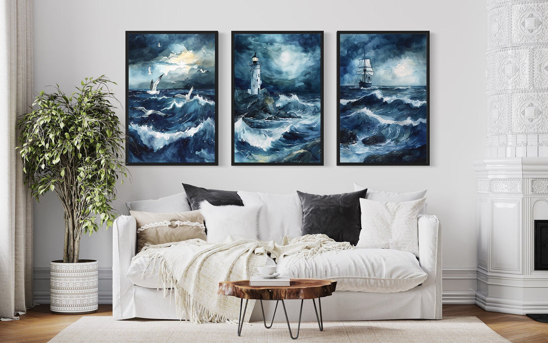 Set of 3 Lighthouse, Sail Ship, Seagulls In Stormy Ocean Nautical Framed Canvas Wall Art