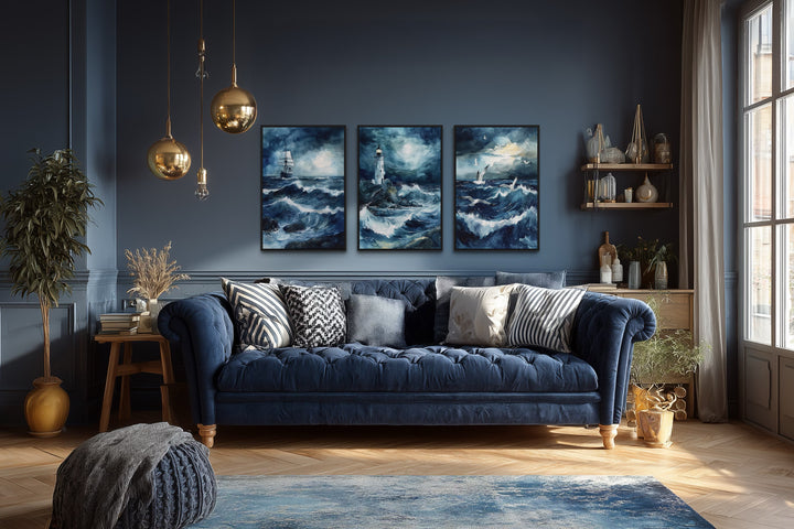 Set of 3 Lighthouse, Sail Ship, Seagulls In Stormy Ocean Nautical Framed Canvas Wall Art