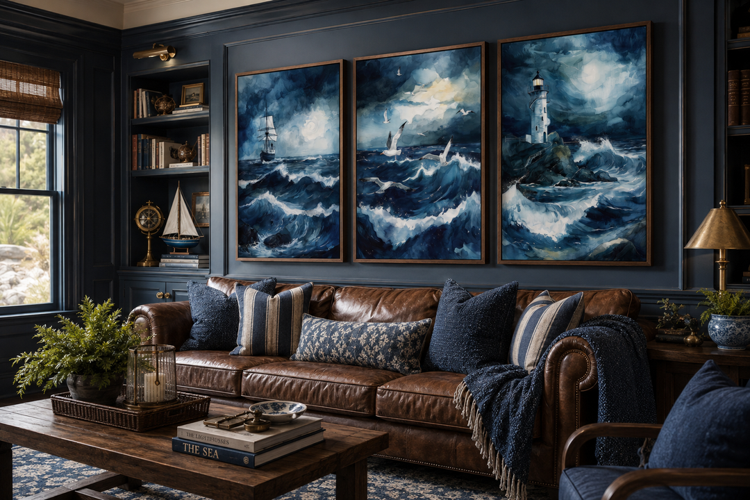 Set of 3 framed canvas prints featuring a lighthouse, sail ship, and seagulls in a stormy ocean.