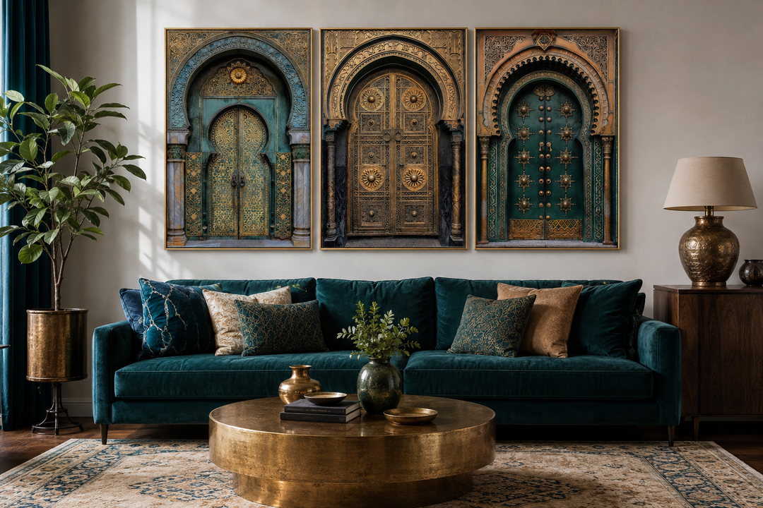 Set of 3 framed canvas prints featuring intricate Moroccan doors in emerald green and gold tones.