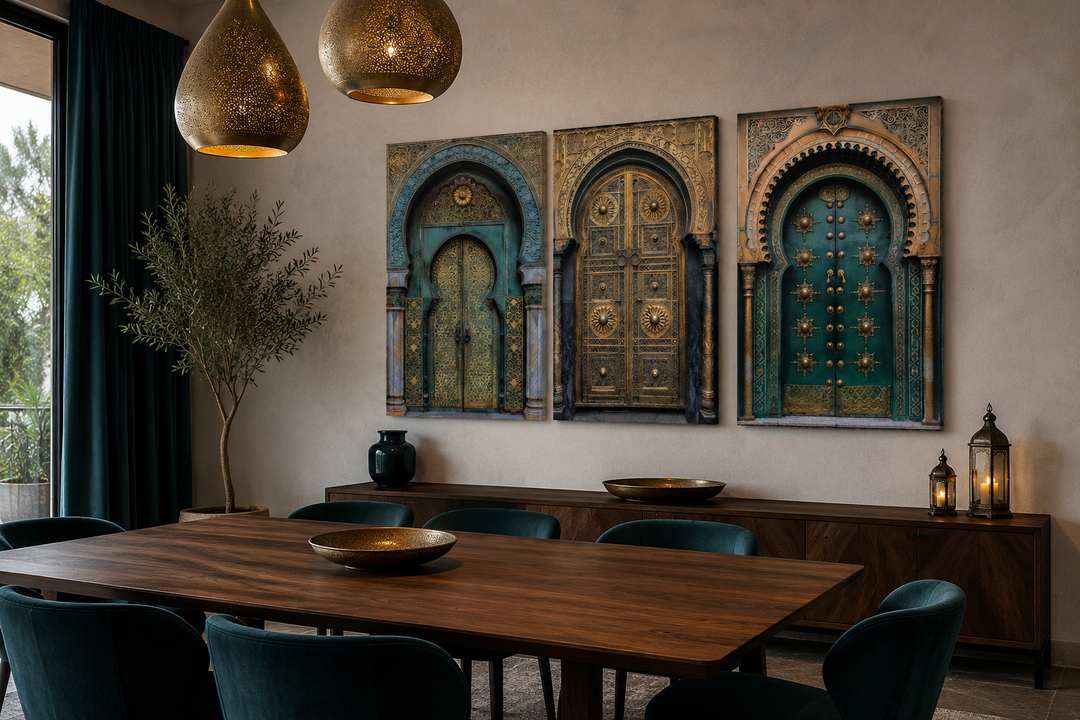 Set of 3 Marrakesh Doors Moroccan framed canvas wall art in a modern dining room setting.