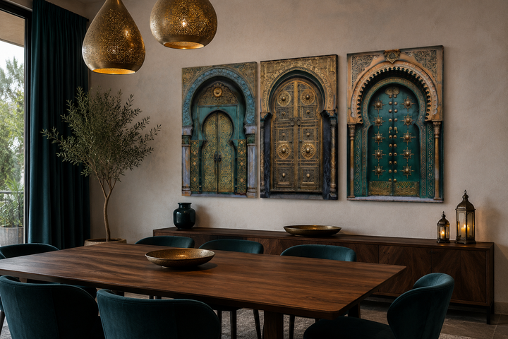 Set of 3 Marrakesh Doors Moroccan framed canvas wall art in a modern dining room setting.