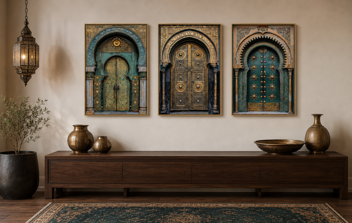 Set of 3 Marrakesh Doors Moroccan Framed Canvas Wall Art above a wooden console table.