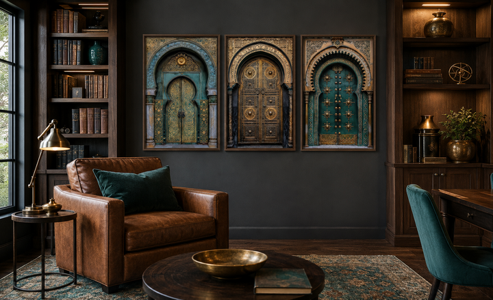 Set of 3 Marrakesh Doors Moroccan framed canvas wall art in a dark, elegant study room.