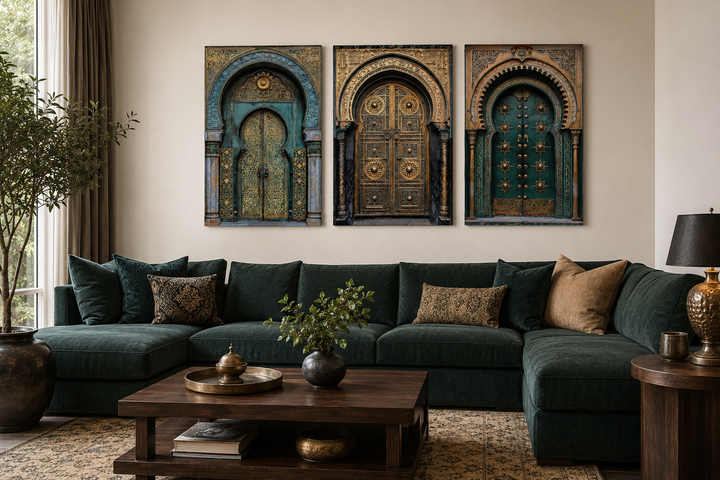 Set of 3 Marrakesh Doors Moroccan framed canvas wall art above a green sectional sofa.