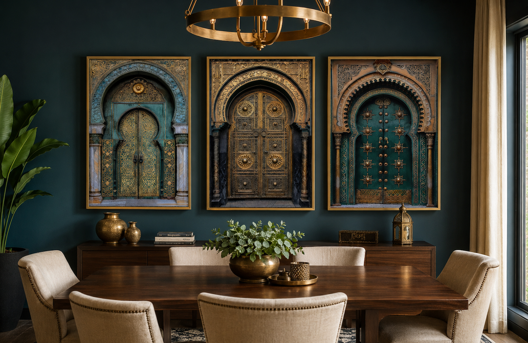 Set of 3 Marrakesh Doors Moroccan Framed Canvas Wall Art in a dining room setting.
