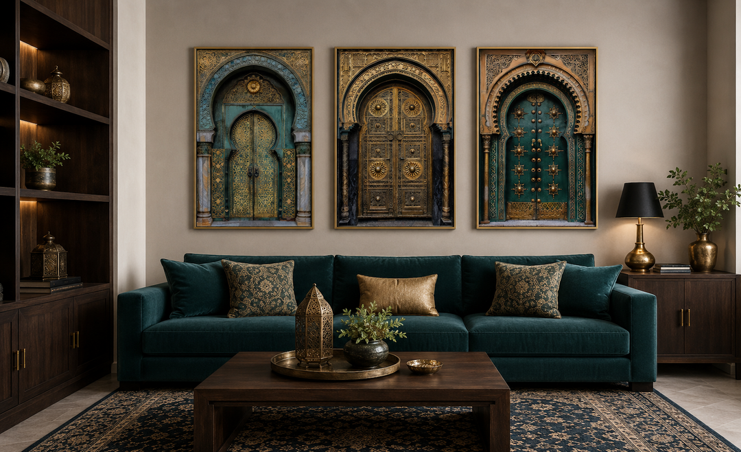 Set of 3 framed canvas wall art featuring intricate Moroccan doors in green and gold tones.