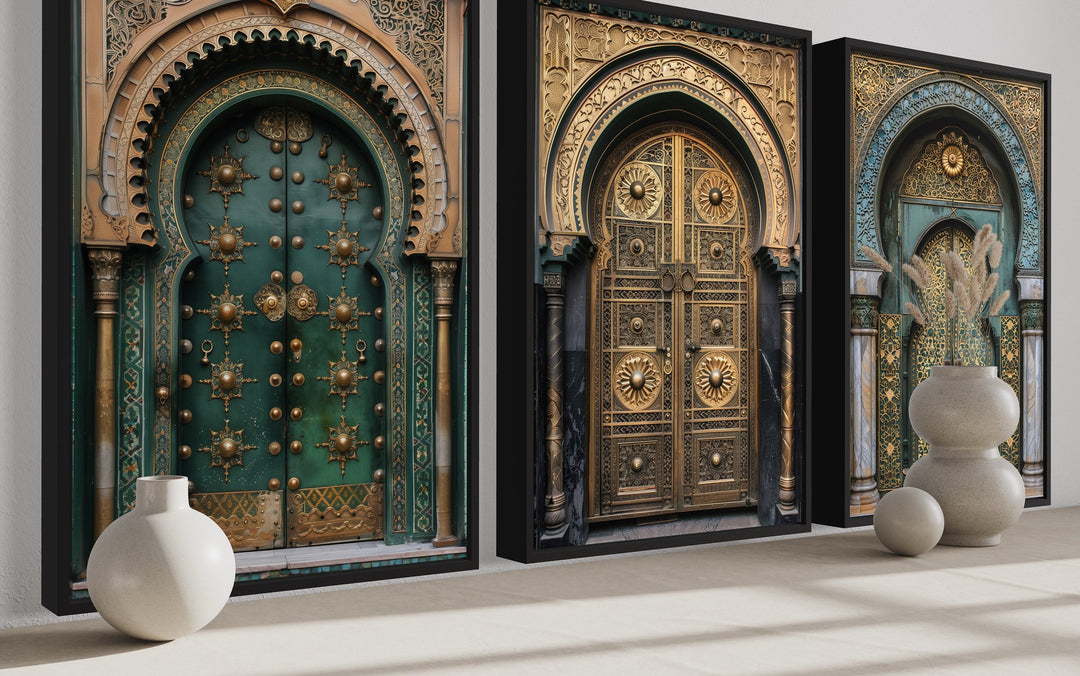 Set of 3 framed canvas wall art prints featuring intricate green and gold Marrakesh doors.