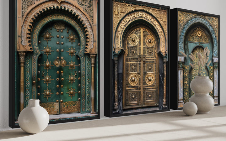 Set of 3 framed canvas wall art prints featuring intricate green and gold Marrakesh doors.