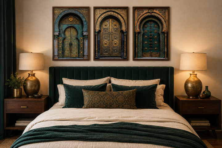 Set of 3 framed canvas prints featuring intricate Moroccan doors above a green velvet headboard.