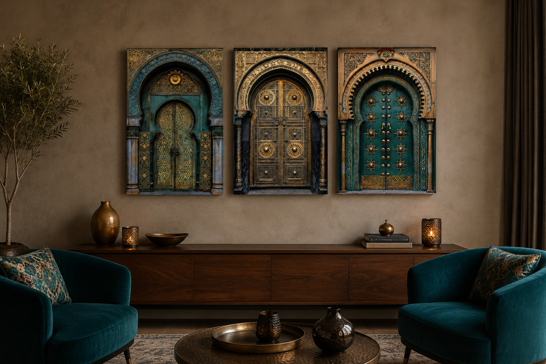 Set of 3 Marrakesh Doors Moroccan framed canvas wall art in a living room with teal armchairs.