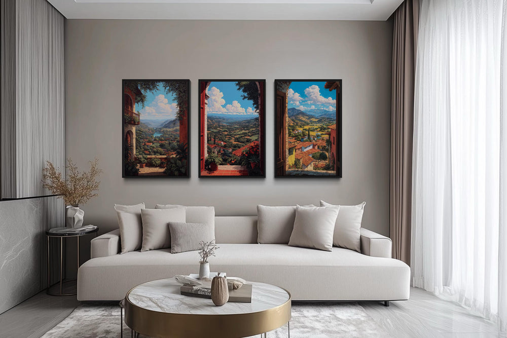 Set of 3 Mexican Window View Wall Art, Colorful Mexican Landscape