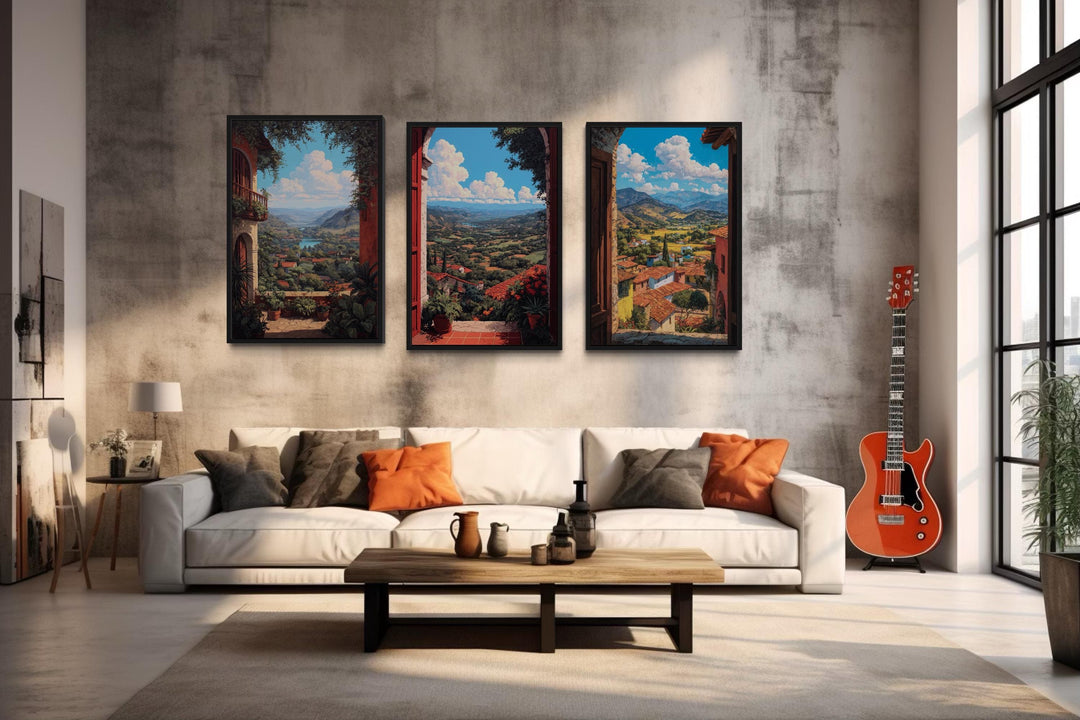 Set of 3 Mexican Window View Wall Art, Colorful Mexican Landscape